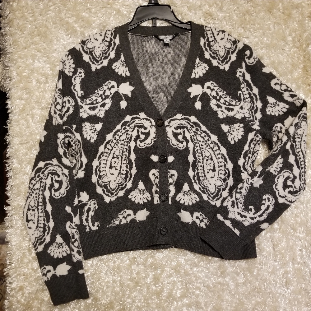 Ophelia Roe Viscose Blend Gray White Paisley Button Up Cardigan Sz L